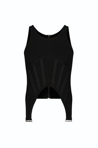 The Kiara Garter Tank - Black is a sleeveless crop top with a corset-inspired, fitted design, structured paneling, and two garter-style straps hanging from the hem.