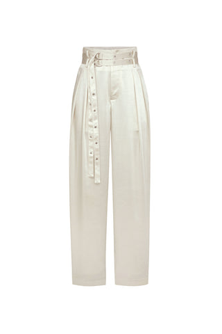 Pearl high-waisted Kora Double Belted Satin Pant with a wide, belted waist and front pleats. The double belt is adorned with multiple eyelets and long ties, adding an elegant touch to the sleek, tailored design.