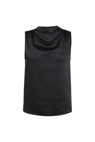 The Mara Silk Top in black features a sleeveless design with a high mock neck and delicate draping on the front, creating an elegant look against a white background.
