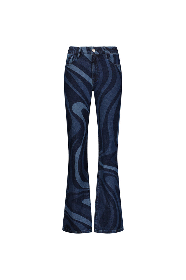 Aria Flare Jean - Blue Wave: High-rise, dark blue bootcut jeans featuring a flared silhouette and light blue abstract swirl pattern, shown on a white background.