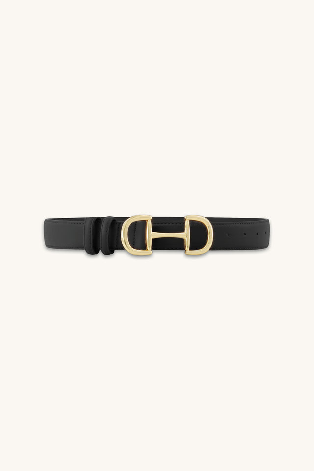 Bettie Belt in Black, pebbled belt with gold horsebit buckle, The Noli Shop