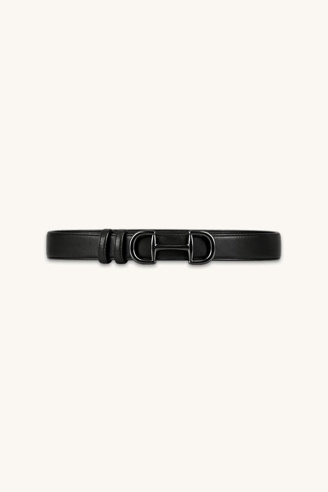 Bettie Belt in Noir, black pebbled belt with silver horsebit buckle, The Noli Shop