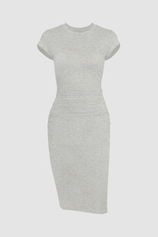 Meet the Daphne Dress - Heather Grey: a form-fitting, knee-length dress crafted from heathered modal with short sleeves and a crew neckline. Its ultra-soft fabric in light gray highlights simple elegance against a plain white background.