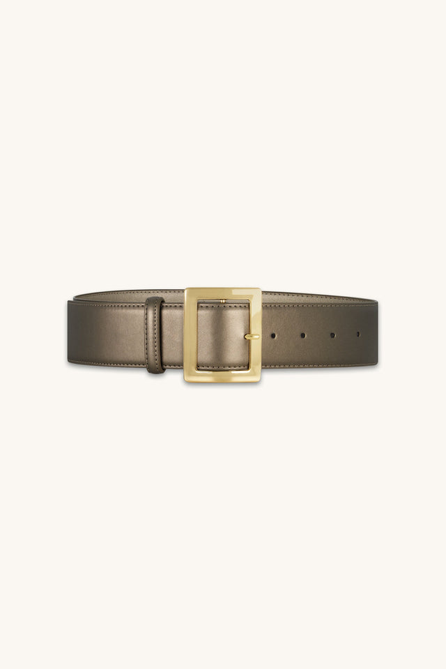 Josie Belt in Bronze, wide bronze belt with squared gold buckle, The Noli Shop