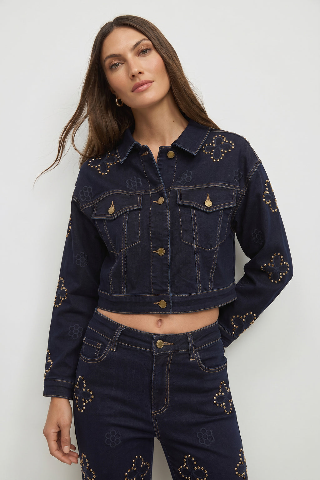 cropped jacket over fitted indigo knee length dress The Noli Shop Women's Kaia Studded Made from high Style:EE01489BK Red/black Gothic Sleeping Beauty Shamrock