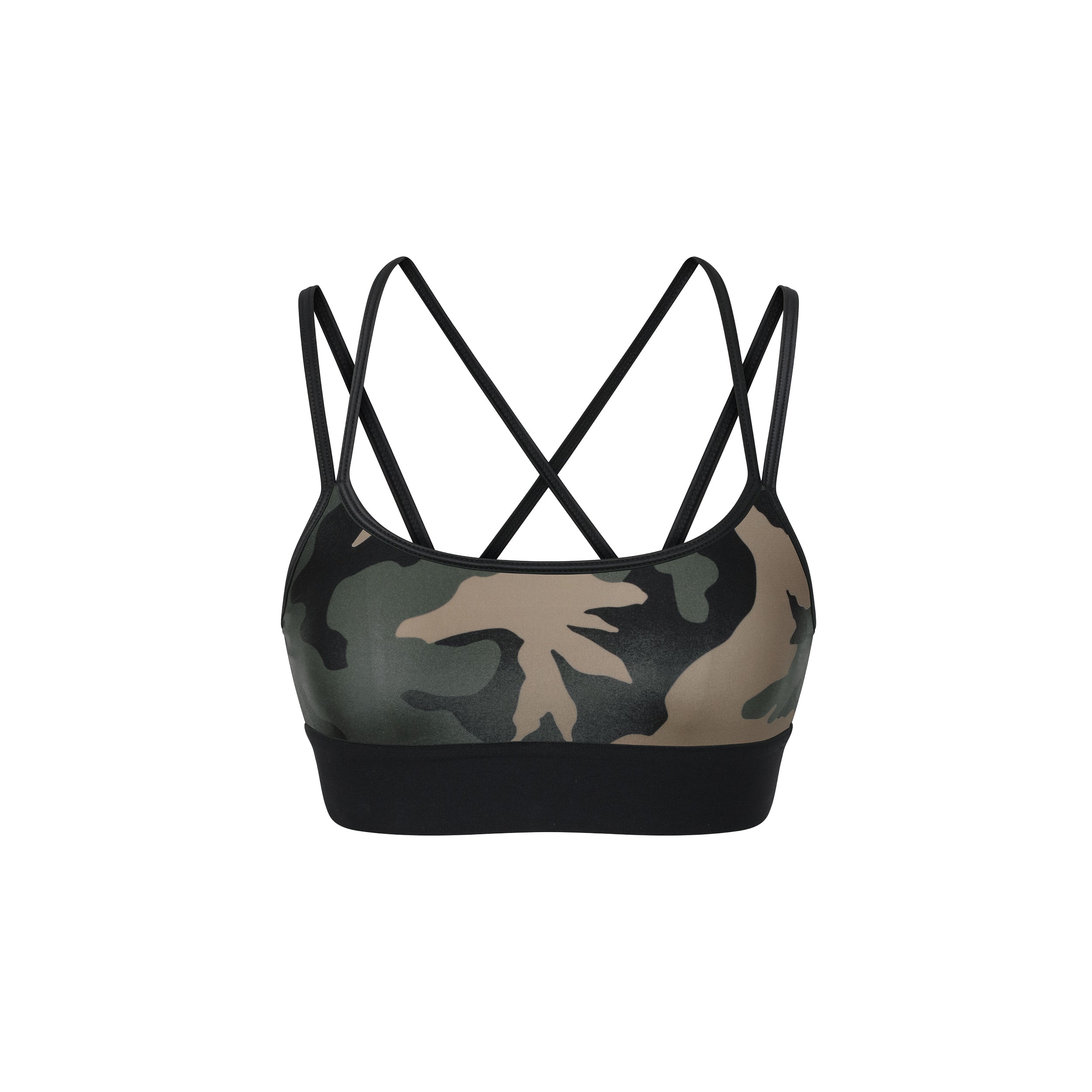 Product view of camo printed gloss liquid sports bra featuring a scoop neckline and an alluring strappy back with a supportive elastic band