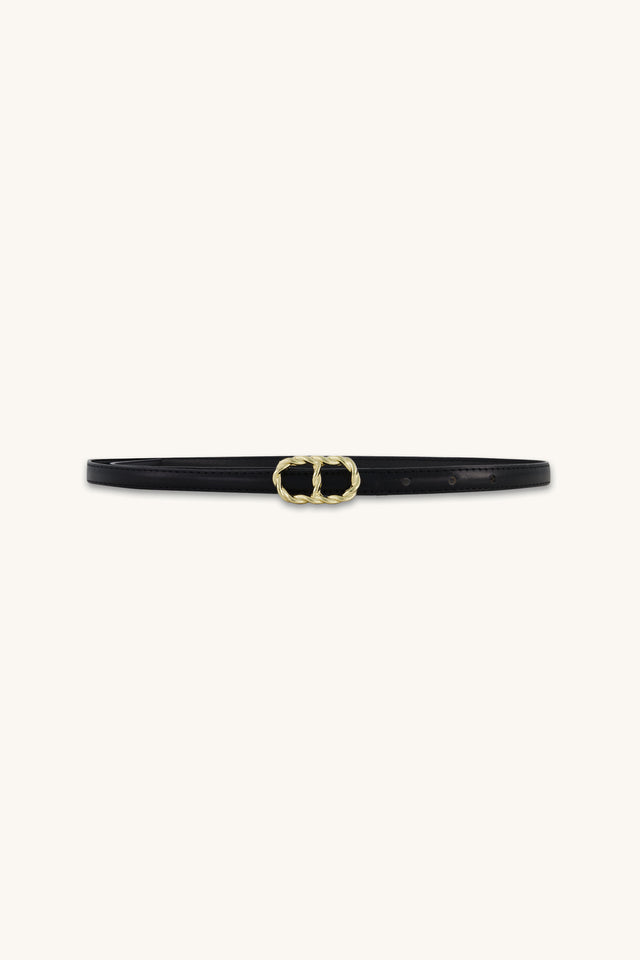Mabel Belt in Black and Gold, slim black belt with gold oval buckle, The Noli Shop