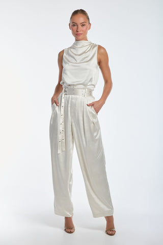 Kora Double Belted Satin Pant - Pearl
