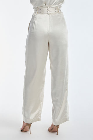 Kora Double Belted Satin Pant - Pearl