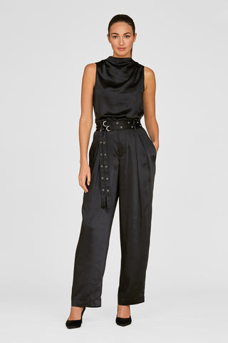 Kora Double Belted Satin Pant - Black