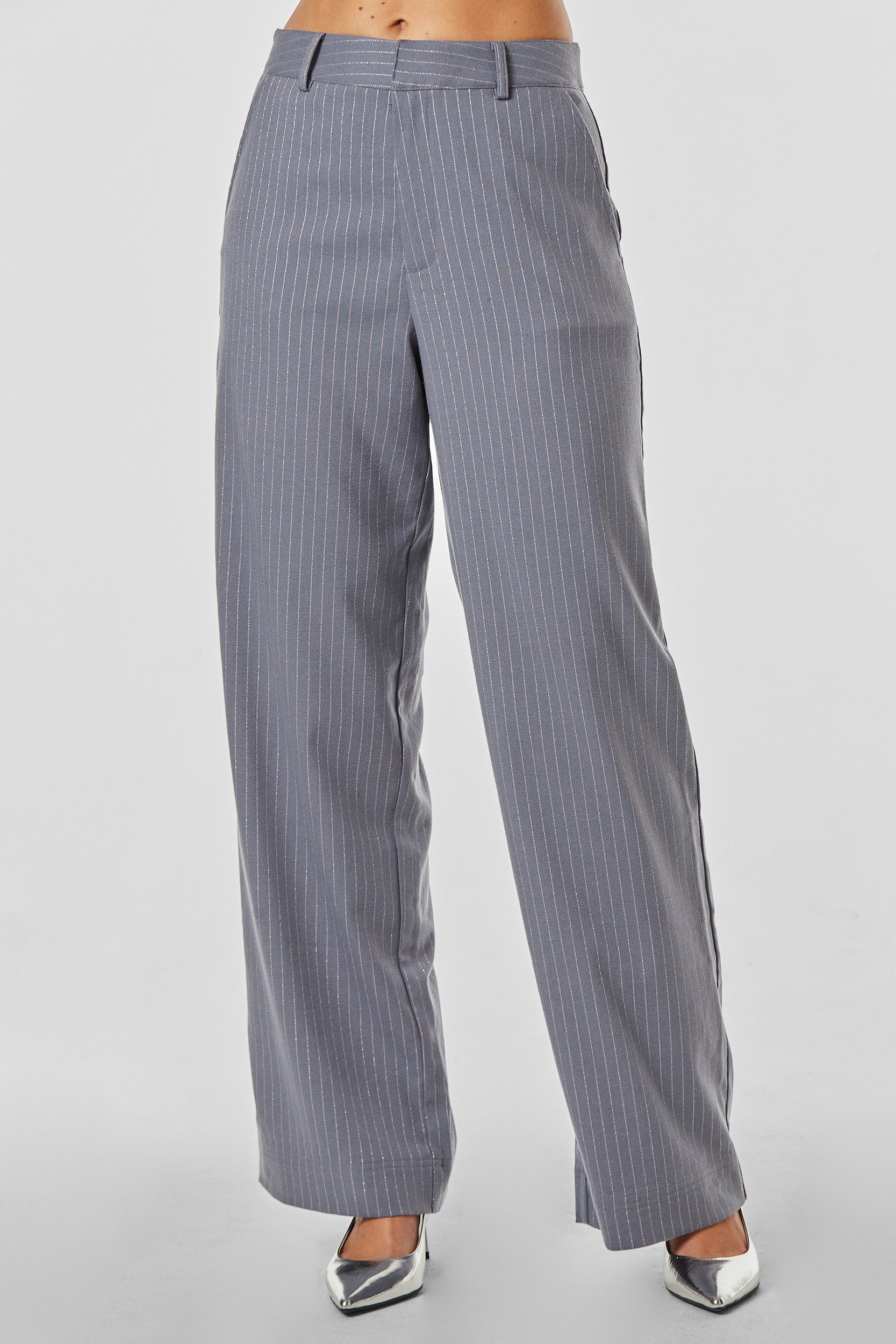 Zurich Wide Leg Trouser - Silver Metallic Pinstripe