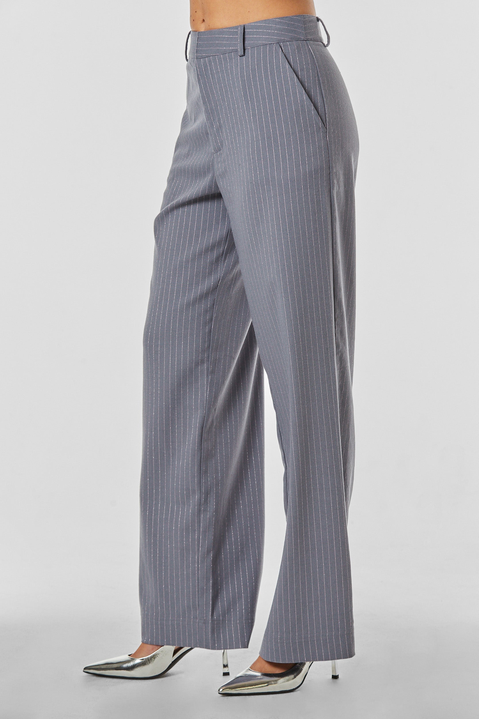 Zurich Wide Leg Trouser - Silver Metallic Pinstripe