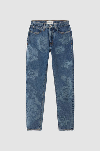The Rose High Rise Jean, made from stretch denim with a faded rose pattern, features a classic five-pocket design and contrast stitching. Laid flat on a plain white background, they highlight a stylish straight-leg silhouette.