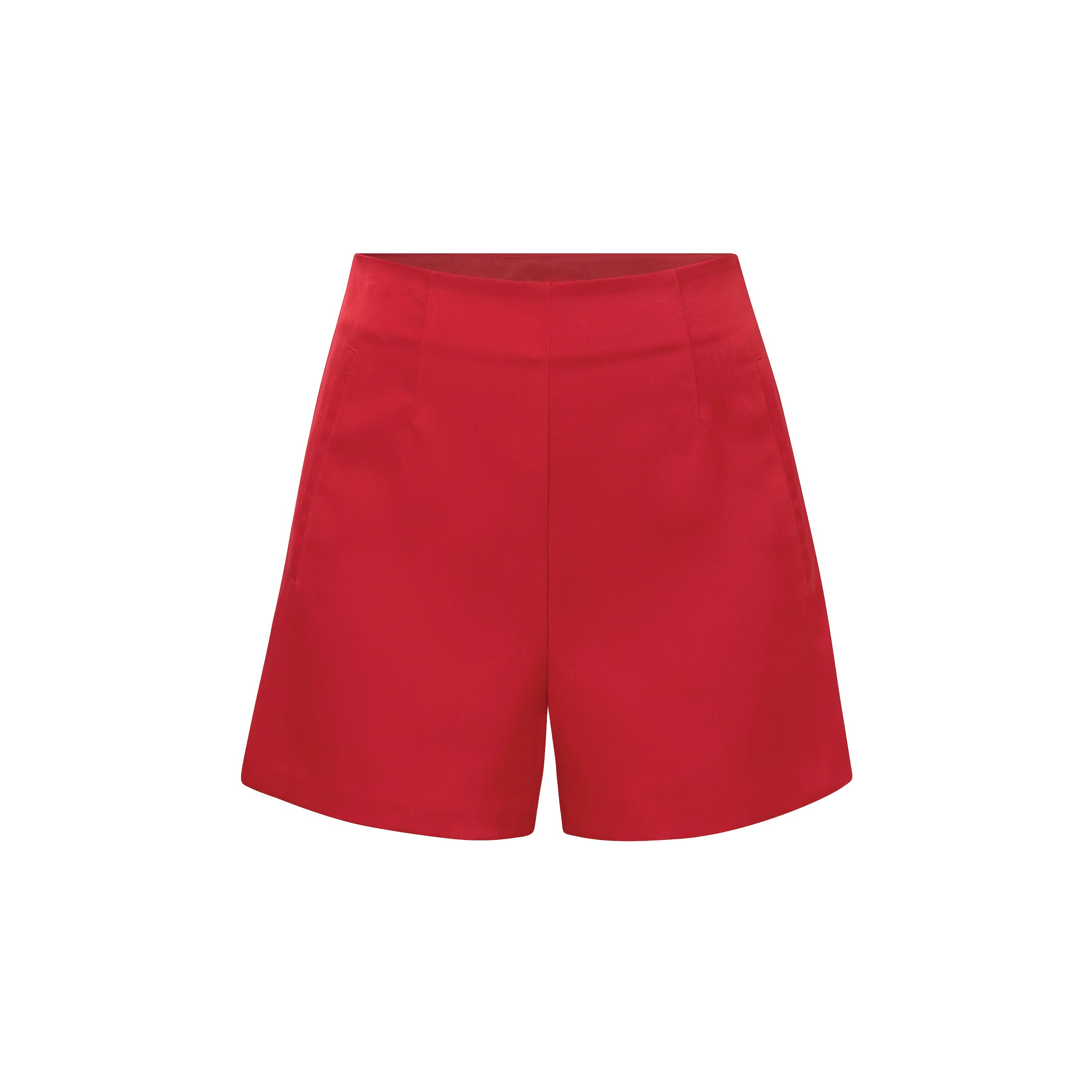 Product view red mini suit shorts.