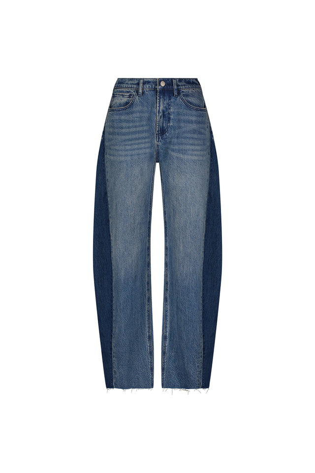 The Selena Barrel Jean - Medium Blue features a high-rise fit, dual-tone denim with light center panels, darker side accents, raw hems, and a straight-leg silhouette.