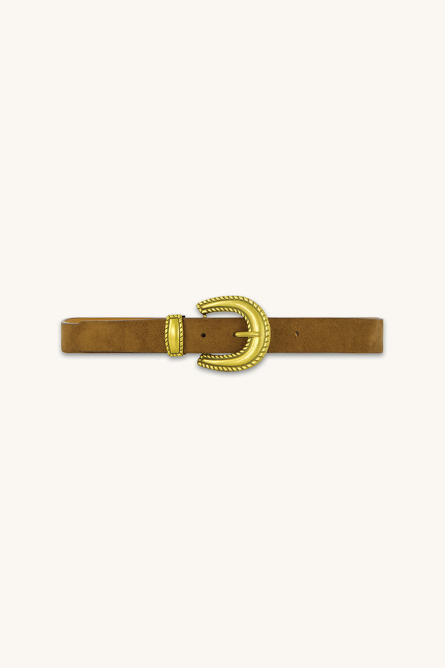 Shelly Belt in Cognac, cognac suede belt with gold cowboy buckle, The Noli Shop