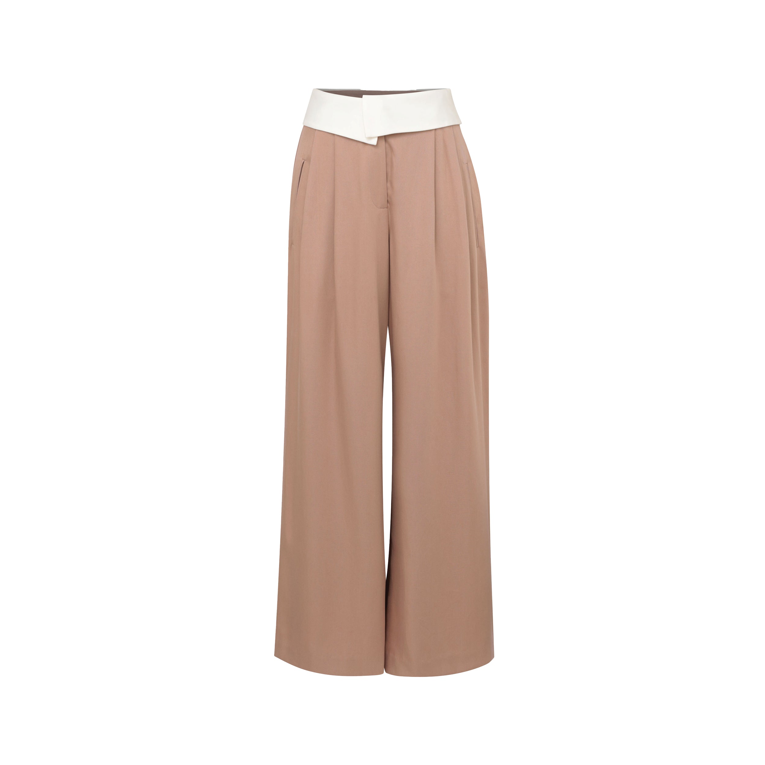 Product view of light brown trousers with white foldover waistband detail.