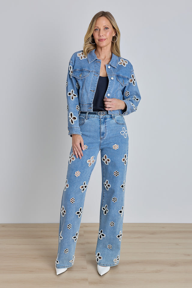 Kaia Pearl Jean Jacket - Medium Blue styled view showing the embellished chest and silver buttons