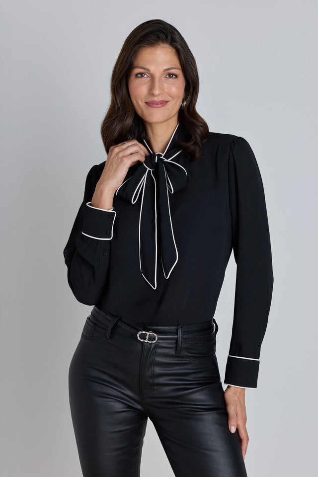 Wynne Tie Neck Blouse - Black/White