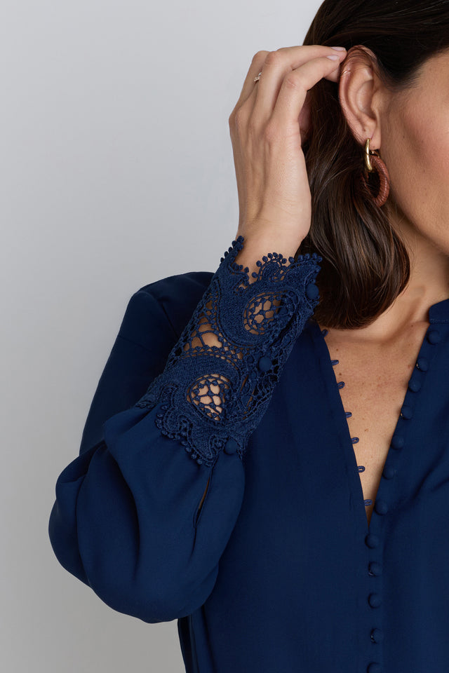 Blake Lace Sleeve Blouse - Navy