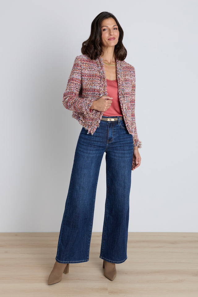 Florence Tweed Jacket - Rosewood Multi styled view showing the open front and fringe trim