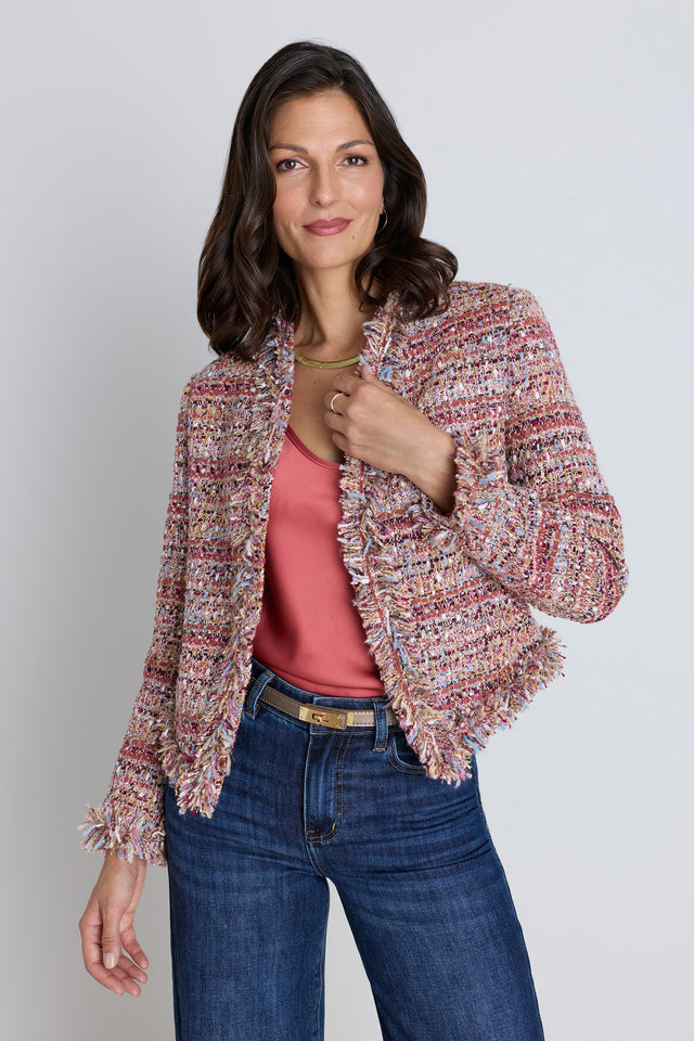 The Florence Tweed Jacket in rosewood multi, cropped tweed in pink, red, and beige with frayed edges