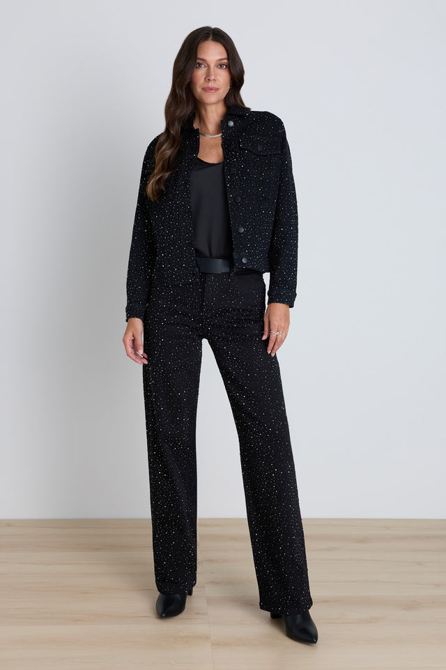 Hallie Crystal Jean - Black, front view showing the high rise and wide-leg silhouette with all-over crystal embellishment