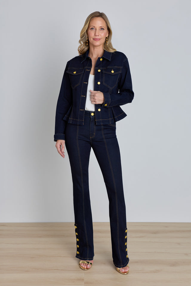 Bethanie Denim Jacket - Indigo styled view showing the tailored peplum silhouette