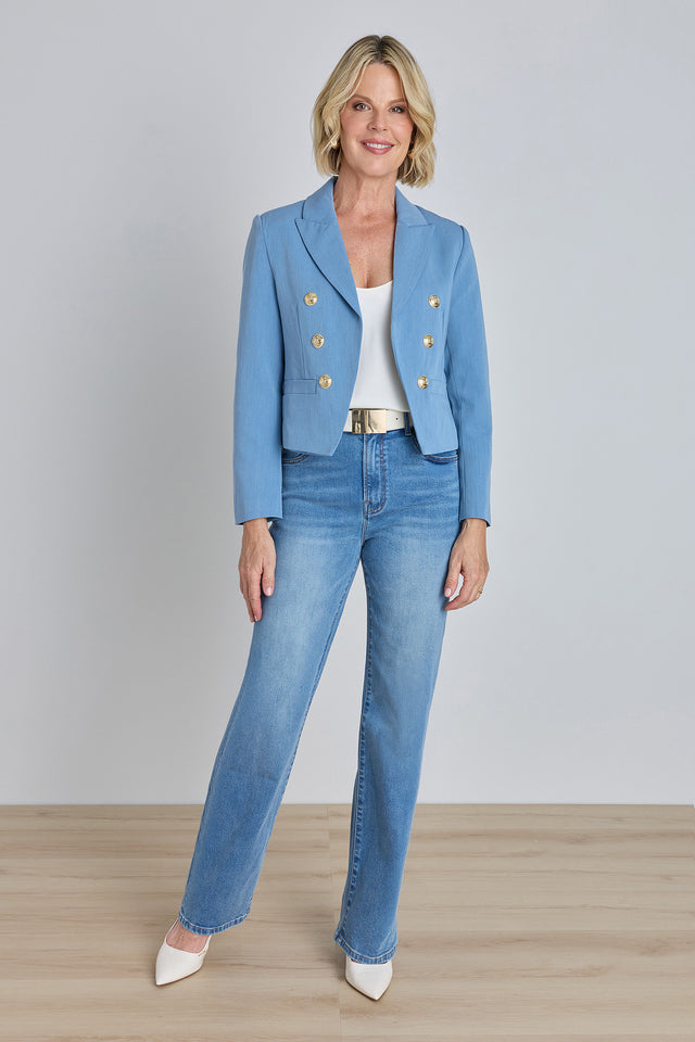Gabrielle Double Breasted Blazer - Serene Blue styled view showing the peaked lapels and tailored waist