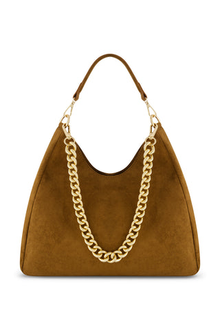 The Tribeca Chain Suede Bag - Cognac is a structured brown suede bag with a gold chain detail on the front and a matching handle secured with gold hardware.