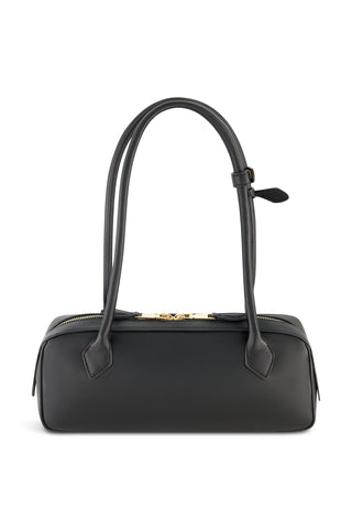 The Reese Leather Bag - Black features a minimalist structured design with two long handles and gold hardware zipper closure, making it perfect for everyday use. Shown on a white background.