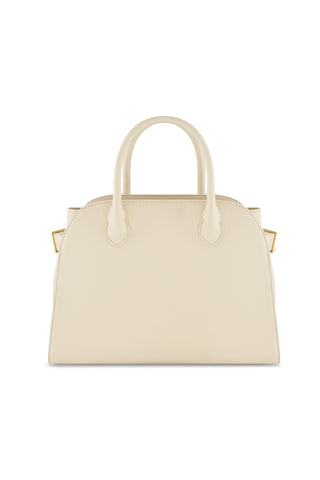 The Margo Leather Bag - Pearl is a cream-colored, genuine leather handbag with a classic silhouette, two handles, and gold hardware, shown against a white background.