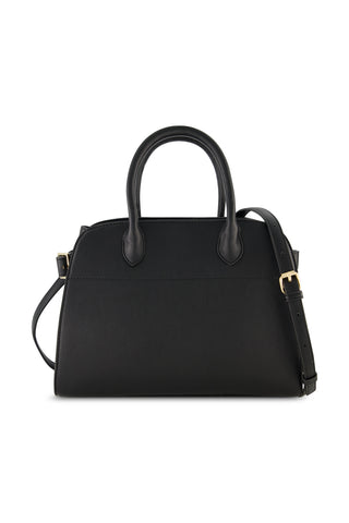 The Margo Leather Bag - Black features genuine leather, two handles, a detachable adjustable shoulder strap with a gold buckle, and a smooth, structured design for an elegant everyday look.
