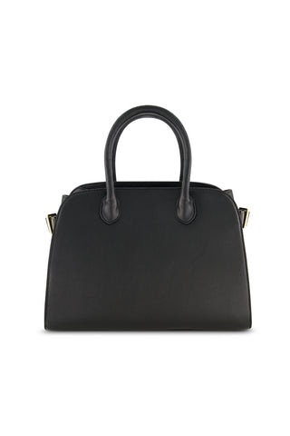 The Margo Leather Bag - Black features genuine leather, two rounded handles, gold-tone hardware, and a structured minimalist design for an elegant everyday look, shown against a white background.