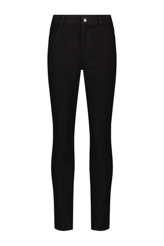 The Layla Skinny Jean - Black features plain black stretch denim, front and back pockets, a waistband with belt loops, and a button waist closure, shown against a white background.
