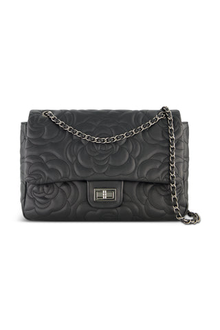 The Alessia Rose Embossed Leather Bag - Black features a quilted leather finish, silver chain strap, and a rectangular metal clasp on the front.