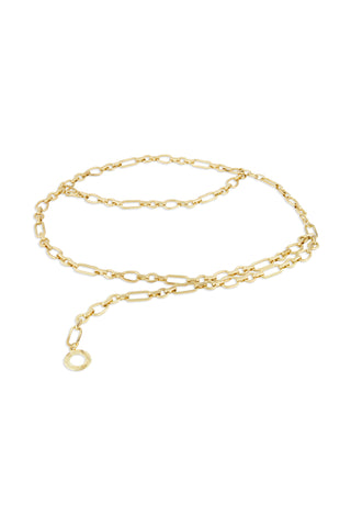 The Arden Chain Belt - Gold features oval and rectangular links, a dangling round textured charm, and a sleek gold finish. This classic accessory is shown coiled in a loose spiral on a white background.