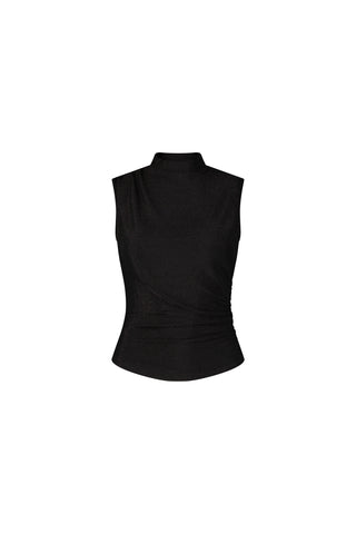 The Mia Shimmer Tank - Black is a versatile, sleeveless top with a mock neckline, fitted silhouette, and subtle side ruching, shown against a plain white background.