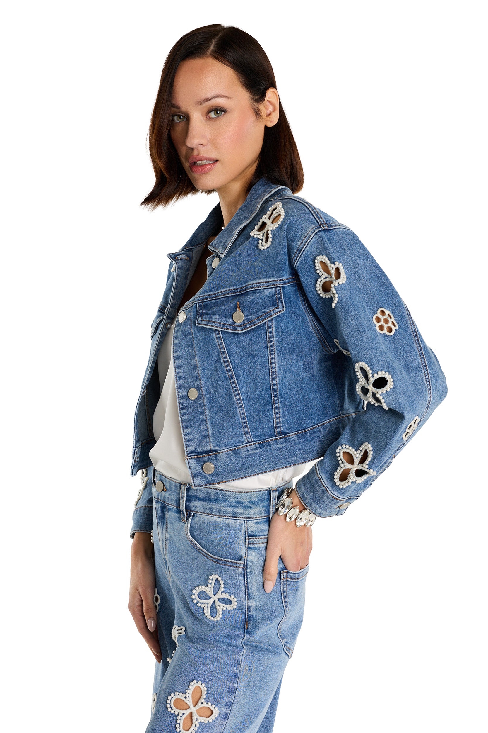 Kaia Pearl Jean Jacket - Medium Blue – The Noli Shop