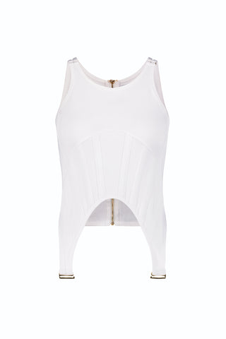 The Kiara Garter Tank - White is a fitted, ribbed sleeveless top with corset-inspired lines, a front zipper, two gold-tone clasps at the hem, and a back zipper closure.