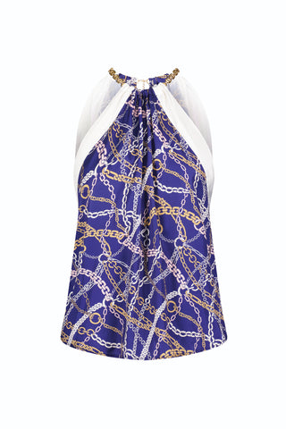 Mika Silky Halter Top - Navy Chain (Preorder)