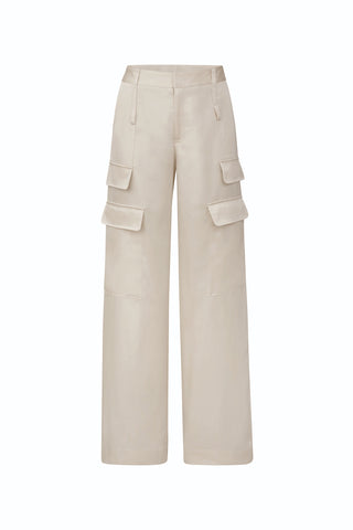 The Milan Satin Cargo Pant - Pearl features a high waist, wide-leg silhouette, silky satin fabric, belt loops, two side pockets, and four thigh flap pockets for a versatile and tailored look.