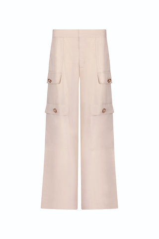 The Milan Linen Shimmer Cargo Pant - Gilded Beige (Preorder) features a mid-rise, wide-leg fit, large button-flap side pockets, and a high waist. Displayed on a plain white background.