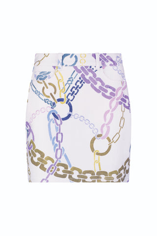 The Monaco Denim Skirt - Chain Print (Preorder) is a white skirt with a vibrant chains pattern in yellow, purple, and blue, featuring a fitted waistband and belt loops—perfect for spring.