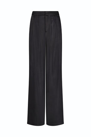 The Valentina Satin Pant - Black features a high waist, wide-leg silhouette, front pleats, and a clean design. Made from smooth satin fabric, these trousers offer a relaxed fit and subtle sheen for effortless style.