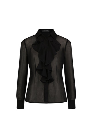 The Georgia Semi-Sheer Blouse - Black features a fitted silhouette, ruffled front detail, classic collar, sheer fabric, and buttoned cuffs—making it a bold statement piece for any wardrobe.