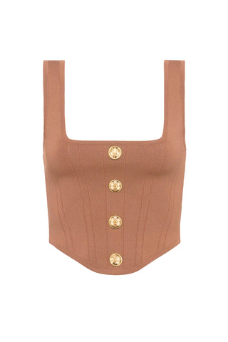 The Venus Button Top - Mocha Mousse is a brown, sleeveless crop featuring wide straps, a square neckline, and five gold decorative buttons on the front.