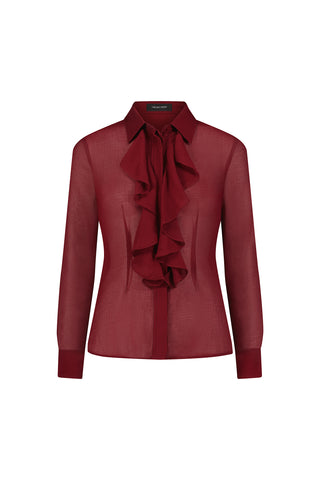 The Georgia Semi-Sheer Blouse - Burgundy features long sleeves, a button-down front, ruffled center detailing, and a matching bow tie at the collar—making it a stunning statement piece for any wardrobe.