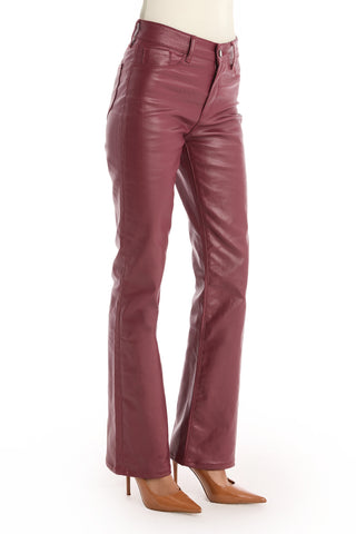 A mannequin wears high-rise, flare-leg Aria Coated Flare Jean in Merlot, paired with tan pointed-toe heels, on a white background.
