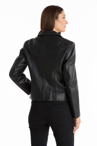 A woman with straight brown hair is shown from the back, wearing the Gabrielle Leather Double Breasted Blazer in black with a tailored waist and black pants against a plain white background.